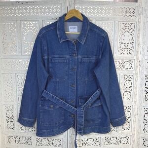 Old Navy Denim Button Chore Jacket Sz Womens XL Barn Trucker Workwear Tie Waist